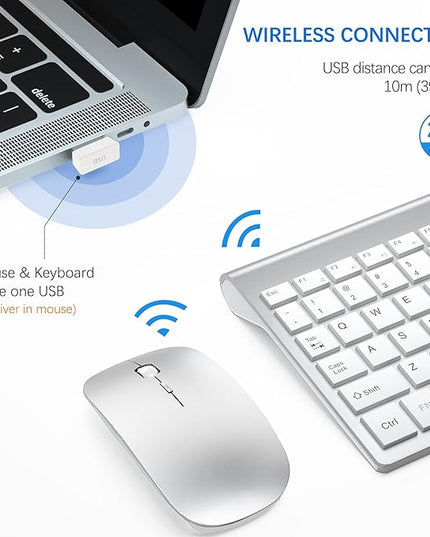 Wireless Keyboard and Mouse Ultra Slim Combo, TopMate 2.4G Silent Compact USB 2400DPI Mouse and Scissor Switch Keyboard Set with Cover, Batteries Included, for PC/Laptop/Windows/Mac - Silver White