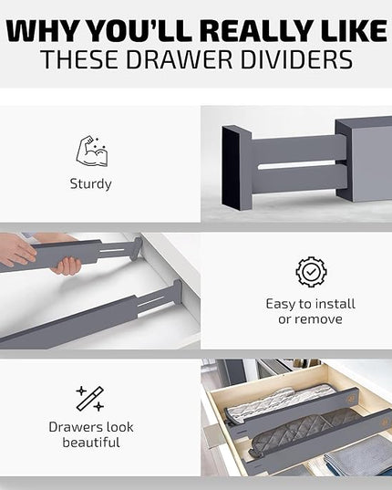 Bambüsi 4 Pack Drawer Dividers - 2.6" High, 16-22" Adjustable Bamboo Drawer Organizers for Clothes, Expandable Dresser Separators in Bedroom/Bathroom/Kitchen/Office Organization and Storage (Grey)