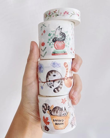 WT Chonky Cat Washi Tape Sticker Set, 4 Rolls, Original Designs, Watercolor Cute Cat Decorative Sticker, Kiss-Cut Craft Sticker, Bujo Planner Supplies, Journals Gifts, DIY Paper Sticker