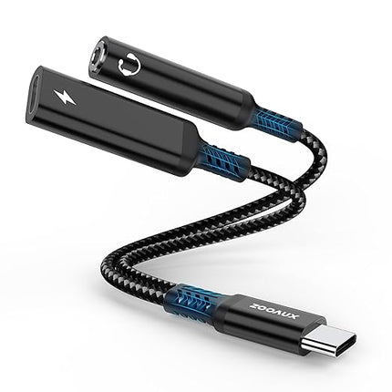 ZOOAUX USB C to 3.5mm Headphone and Charger Adapter, 2-in-1 USB Type C to Aux Audio Jack Splitter, PD 60W Fast Charging Dongle for iPhone 17/16/15, Galaxy S25/S24/S23, iPad Pro, Pixel (Black)