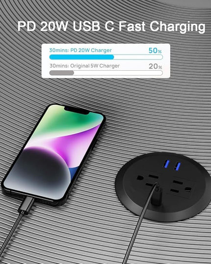 2PCS 3 Inch Desktop Power Grommet,10ft Cord,20W USB C Fast Charging Station,3-USB Port,Flush Mount.Round Recessed Power Strip Desk Hole Grommet Outlet for Workspace,Sofa,Black