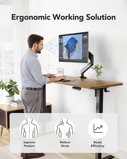 HUANUO 63 x 24 inch Electric Standing Desk, Height Adjustable Table with Headphone Hooks & Cable Manager, Sit to Stand up Desk for Home Office, Vintage Brown
