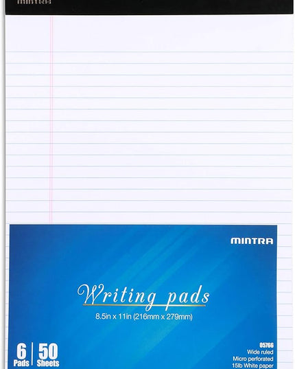 Mintra Office Legal Pads - ((BASIC WHITE 6pk, 8.5in x 11in, WIDE RULED))