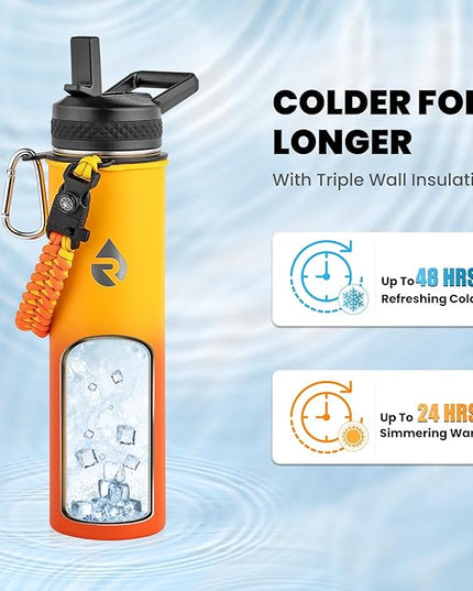 Insulated Water Bottle 24oz, Triple Wall Vacuum Stainless Steel (Cold for 48 Hrs, Hot for 24Hrs), Leak Proof & Non-BPA, 24oz Hydro Water Flask with Paracord Handle & Straw Spout Lids