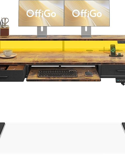 OffiGo Electric Standing Desk with Drawers & Keyboard Tray, 55 Inch Height Adjustable Desk with Power Outlets & LED Lights, Sit Stand Table with Monitor Stand for Home, Office, Rustic Brown