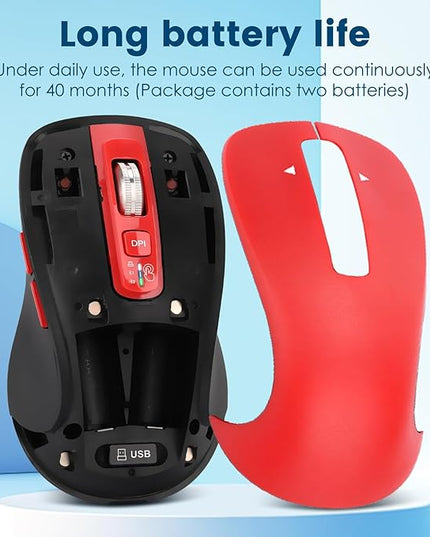 Wireless Bluetooth Mouse (USB + BT1 + BT2), Full Size, 4-Way Scrolling, Multi-Device Silent Mouse for Computer, Laptop, iPad, MacBook (Red)