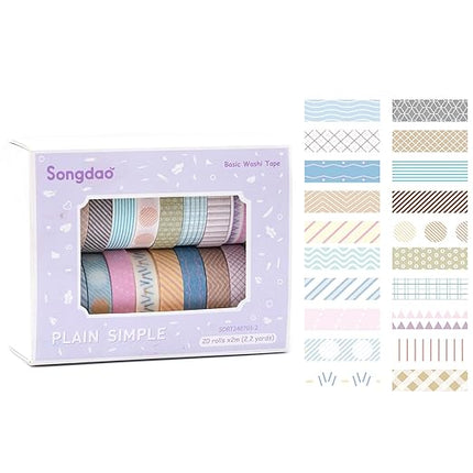 Songdao 20 Rolls Basic Washi Tape Set Japanese Arts Adhesive Tapes Simple Patterns Decorative Masking Tape Sets for Craft, Kids, Scrapbook, DIY, Gift Wrapping (Style Two)
