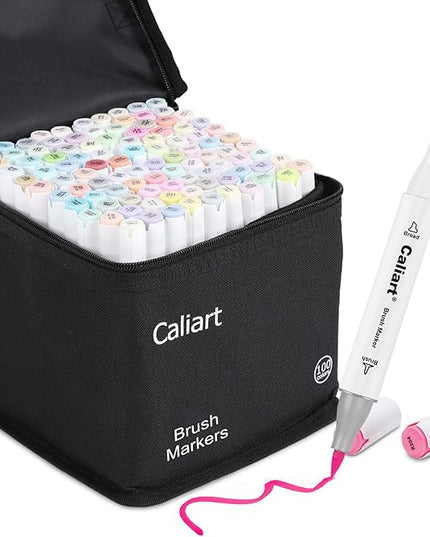 Caliart Pastel Alcohol Markers Brush Tip, 100 Colors Dual Tip Coloring Marker Pen Set Brush & Chisel, Art Supplies Gift for Adults Coloring Book Artists Sketch Drawing Illustration