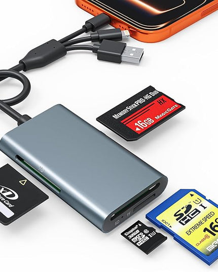 4-in-1 Metal Memory Stick Pro Duo Adapter, Triple Interface Lightning/USB-C/USB-A Card Reader for SD/Micro SD/MS/xD-Picture Card, High-Speed 480Mbps Photo Video File Transfer for iPhone iPad PC