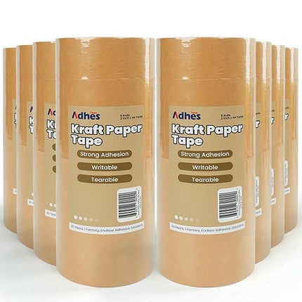 ADHES Kraft Paper Tape, 2 Inch x 44 Yards, 48 Rolls Writable & Uncoated Heavy Duty Paper Tape, Biodegradable Brown Packing Tape for Sealing, Packaging & Moving