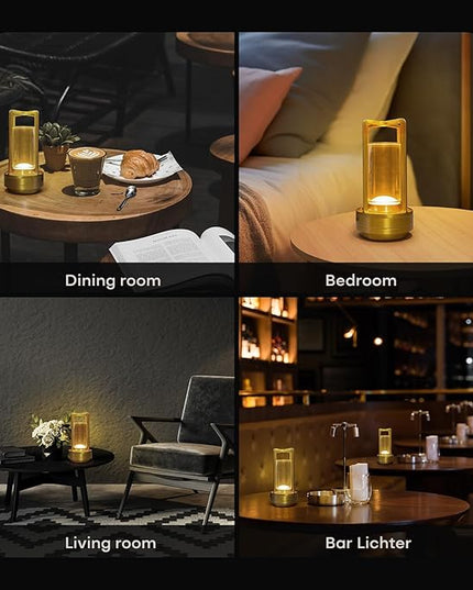 Portable Metal Table Lamp for Indoor/Outdoor ,Rechargeable Cordless LED Lamp, 3-Colour Infinitely Dimming Battery Powered Small Desk Lamp, Restaurant/Bedroom/Bar/Coffee/Camping Light (Gold Set of 2)