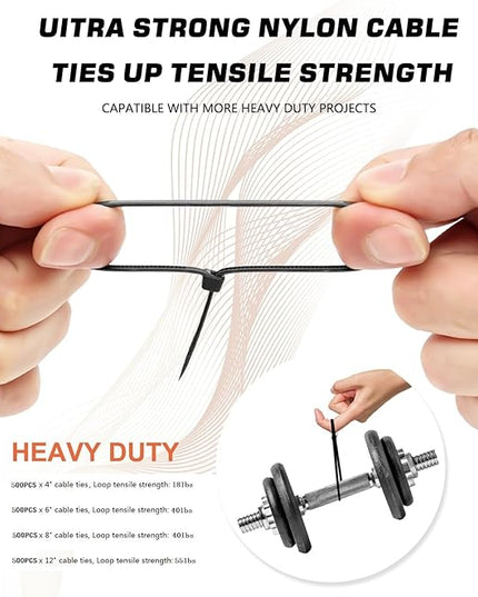 Zip Ties Assorted Sizes(4”+6”+8”+12”), 2000 Pack,Black Cable Ties,Multi-Purpose Self-Locking Nylon Cable Cord Management,Plastic Wire Ties for indoor and outdoor use.