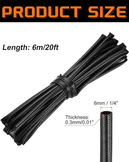 MECCANIXITY 20ft Braided Cable Sleeve, 1/4" ID 200C High Temperature 1500V Fiberglass Wire Insulation Cord Protector Organizer Wires Management for Motor Engine Fuel Line, Black
