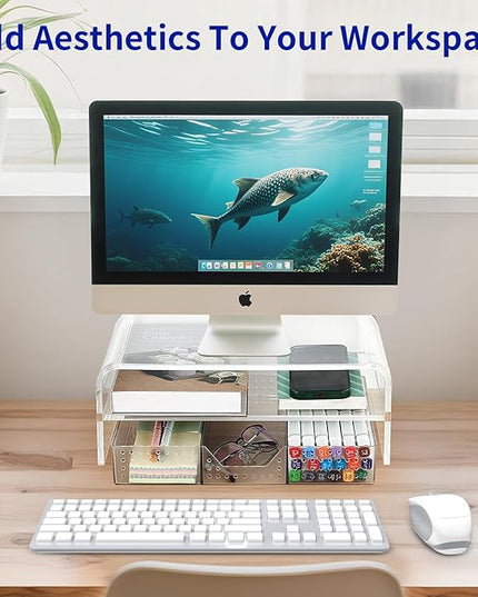 OPNICE Acrylic Clear Desk Organizers and Accessories, 2-Tier Computer Monitor Stand Riser with Drawer, Laptop Stand, Office Desk Accessories for Office Supplies, Transparent