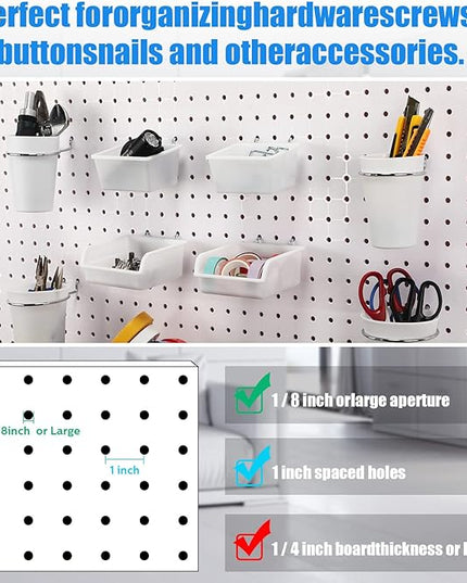 Roowest 60 Pcs Pegboard Cups Pegboard Bins Set, Wall Organizer with Hooks and Loops, Hooks Assortment Organizer Accessory for Office Storage Garage Craft Workshop(White)