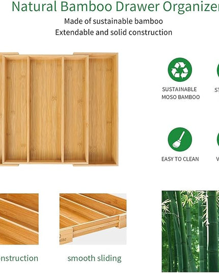 Utoplike Bamboo Expandable Kitchen Drawer Organizer, Adjustable Utensil Holder and Cutlery Tray Organiser, Drawer Divider for Silverware, Flatware, Knives in Kitchen, Bedroom, Living Room, 5 Slot