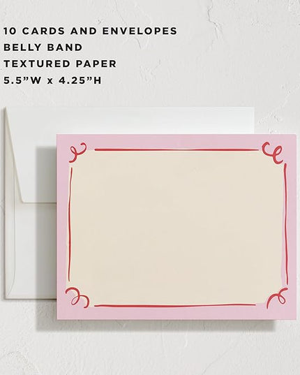 Minted Curly Corners Stationery Set, Set of 10, Flat Note Cards & Envelopes for Invitiations and Handwritten Thank You Messages, Pink Hand-Drawn Frame Design, Gifts for Women, Luxurious Paper
