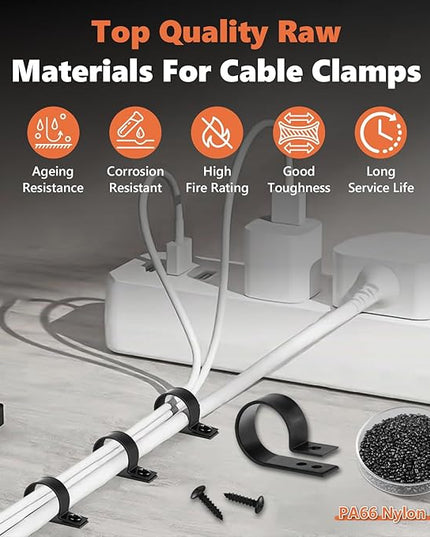 Cable Clamps, 292PCS Cable Clips for Management Cord Organizer, 6 Sizes-3/16'' 1/4'' 3/8'' 1/2'' 3/4'' 1'' Black PA66 Nylon R-Type Plastic Screw Mounting Cord Clamp Assortment Kit with M4 Screws