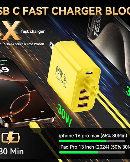 USB C Fast Charger Block, iPhone Charger Fast Charging Blocks 65W Multi Port Charger 6-Ports PD & QC Charging Cube Brick Power Adapter Type C Wall Chargers for iPhone 17/16/15/14/13/12 Pro Max, iPad