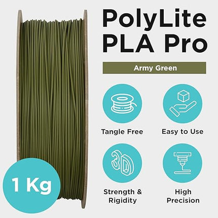 Polymaker PLA PRO Filament 1.75mm, Tough & High Rigidity Army Green 1.75mm 1kg Cardboard Spool - PolyLite PLA PRO 3D Printer Filament 1.75mm, Print with Most 3D Printers Using 3D Filament