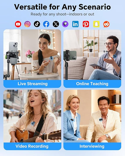 Wireless Lavalier Microphone for iPhone/Android Phone/Laptop/PC, Mini Lapel Mic with 50H Battery Life Charging Case, 100FT Range and Noise Reduction, for Video Recording, Streaming, TikTok