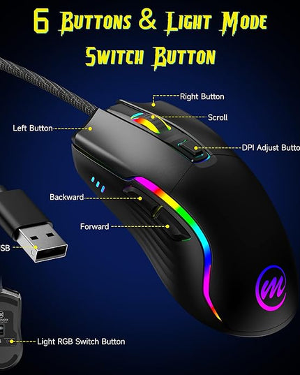 memzuoix Wired Gaming Mouse with RGB - 6 Adjustable DPI up to 12800, 6 Buttons, 12 Lighting Modes, Ergonomic Design with Anti-Slip Rubber Wheel, 5.6ft Braided Cable for PC/Mac/Windows - Black