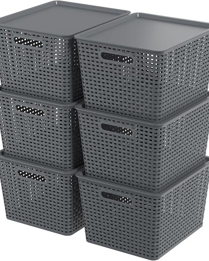 Zopnny Plastic Storage Baskets with Lid, Stackable Storage bins for Organizing Shelves Drawers Desktop Closet Playroom Classroom Office, 6 Pack, 20 Quart