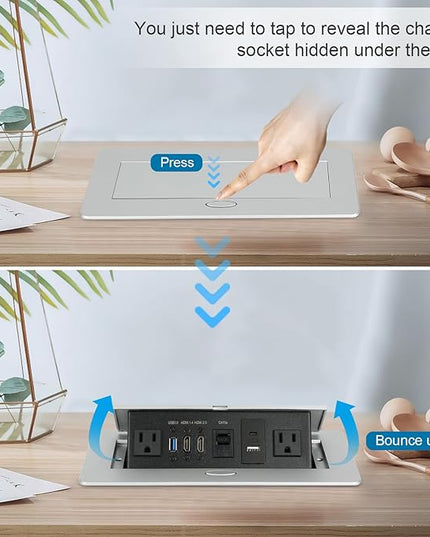 Table Pop up Power Strip Box Desktop Pop Up Outlet Recessed Multimedia Strip Socket Conference Table Power Hub Hidden Table Connection Box with Outlet Network HDMI for Office Desk (Sliver-D)