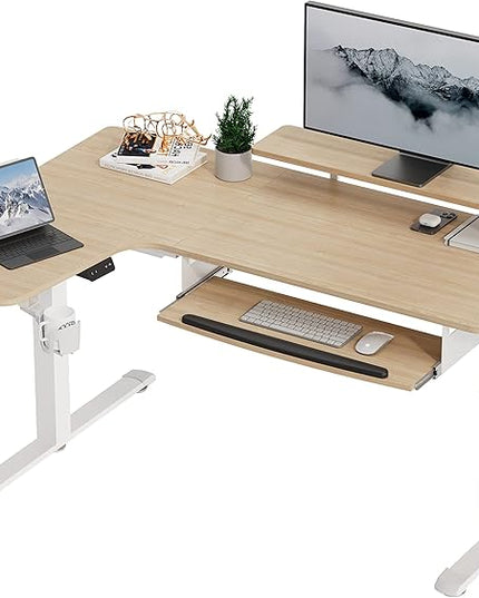 EUREKA ERGONOMIC Standing Desk Adjustable Height 61" Electric Sit Stand Computer Desk L Shaped with Keyboard Tray,Monitor Stand &LED, Dual Motor Memory Presets Sit to Desk Adjustable Desk, Left/Maple
