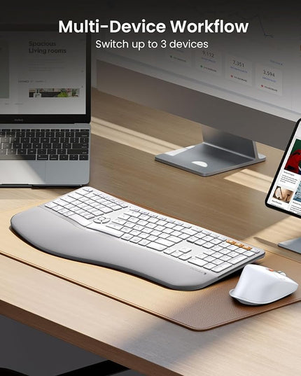 ProtoArc Ergonomic Wireless Keyboard Mouse, EKM01 Plus Full Size Ergo Bluetooth Keyboard Mouse Combo, Split Design, Wrist Rest, Multi-Device, Rechargeable, for Windows/Mac OS - White and Silver