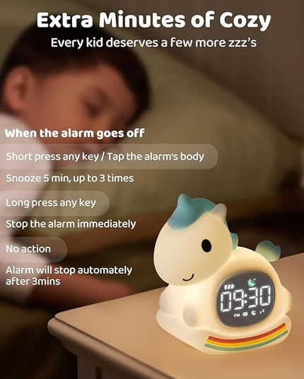 Alarm Clock with Night Light for Kids with Sleep Training and Sound Machine, Rechargeable Silicone Lamp OK to Wake Clock，Cute Animal Tabletop Lamp, Perfect Sleep Companion for Boys Girls，Blue Pony