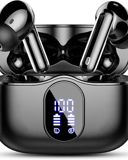 Wireless Earbuds, Bluetooth 5.4 Headphones Bass Stereo, Ear Buds with Noise Cancelling Mic, LED Display in Ear Earphones Clear Calls, IP7 Waterproof Bluetooth Earbuds for Laptop/Phones/Sports, Black