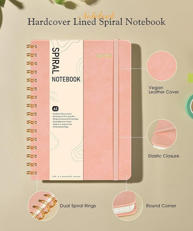 Dotted Spiral Journal Notebook, A5 Hardcover Spiral Journals for Women Men, 100 GSM Dot Grid Paper Notebooks, 150 Pages Spiral Bullet Dotted Notebook for Writing Note Taking 5.75" x 8.38", Blush Pink