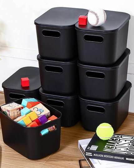 Hoolerry 8 Pieces Colorful Storage Bins with Lid, Plastic Storage Basket Organizing Container Stackable Box with Handle for Shelves Desktop Playroom Office(9.8 x 7.1 x 6.3 Inch,Black)