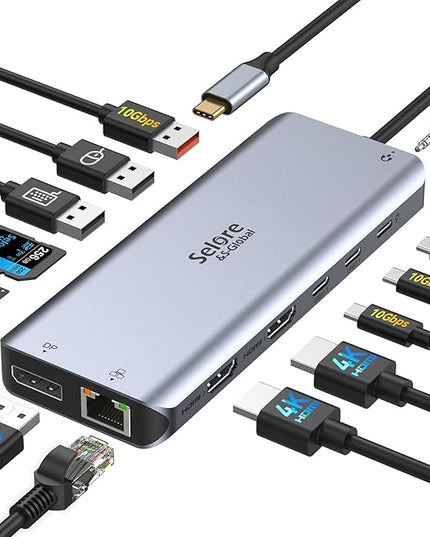 Selore Laptop Docking Station Dual Monitor, USB C Hub,USB C Docking Station with Dual HDMI,DP,10G USB A/C,100W PD,5 USB A/C Ports,Triple Display Laptop Docking Station for Dell,Hp,Lenovo,MacBook.etc