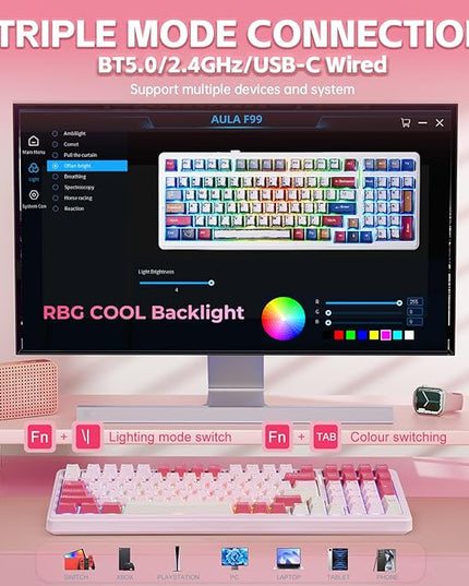 Aula F99 Mechanical Keyboard Pink, Wireless Gaming Keyboards Hot Swappable Custom Creamy Computer Keyboard, Full Size, Tri-Mode BT5.0/2.4GHz/USB-C,RGB Backlit,Gasket Structure,Strawberry Mint Switch