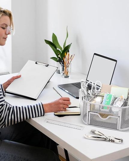 17 in1 Silvery Desk Organizers and Accessories Set, 3 Office Desk Supplies Storage Organization, 4 Pens, Stapler, Staples & Remover, Tape & Dispenser, Scissors, Ruler, Clips, Hole Punch Back to School