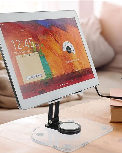 CONGARTENO Adjustable Acrylic Tablet Stand and Desktop Phone Holder for Desk Use, 360° Rotatable Foldable Dark Phone and Laptop Mount Compatible with iPad and Smartphones
