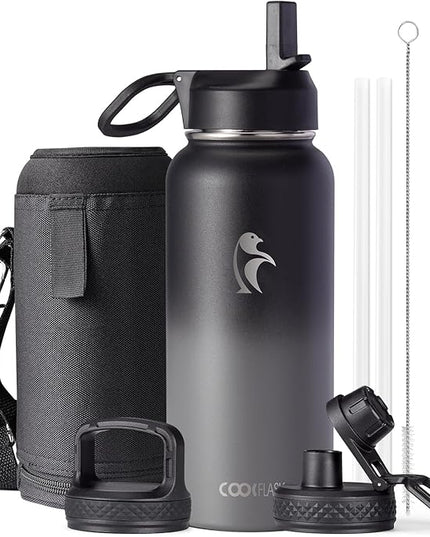 Water Bottle 32 oz Insulated with Straw, Coolflask Stainless Steel Metal 3 Lids Water Flask Wide Mouth for Sports or Office, Non-BPA Keep Cold Up to 48 Hrs or Hot Up to 24 Hrs, Piano Night
