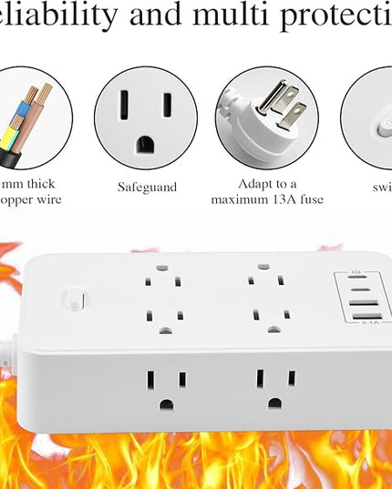 10FT Power Strip Extension Cord Surge Protector with 8 Outlets and 2 USB & 2 USB-C Port(5V 3.1A),Bold Extension Cord with Fuse Surge Protected Power Strip for Home Office (White)