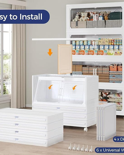 250Gal Stackable Storage Bins with Lid, 1000Qt Extra Large Collapsible Storage Box with Wheels, Dividers, Folding Plastic Cabinet Closet Organizers for Home Kitchen Office Dorm, 5Pack White