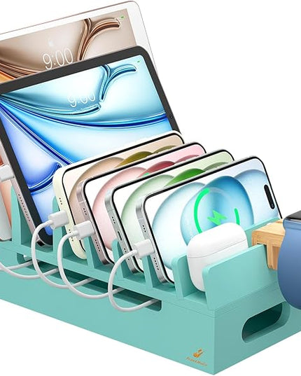 Pezin & Hulin Bamboo Charging Station with Watch Stand, Docking Holder for Multi Device with 5 Charge Cables, Desktop Dock Stations Electronic Organizer for Cellphone, Tablet, Watch-Teal