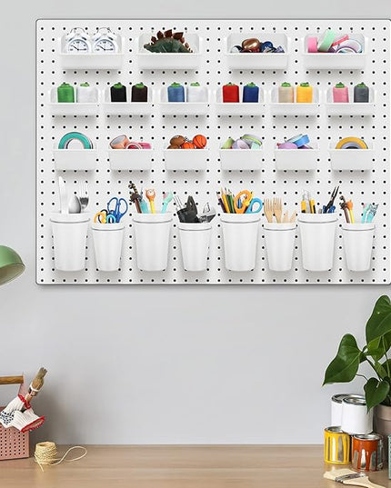Roowest 60 Pcs Pegboard Cups Pegboard Bins Set, Wall Organizer with Hooks and Loops, Hooks Assortment Organizer Accessory for Office Storage Garage Craft Workshop(White)