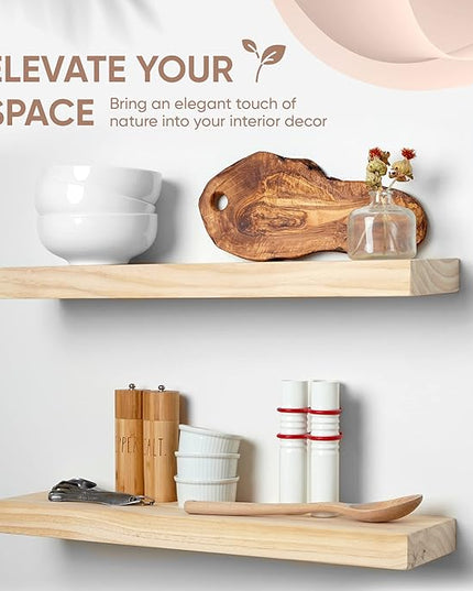 Homeforia 24 inch Wood Floating Shelves, High End Solid Natural Wood 24inch Floating Shelf for Wall, Unfinished Wooden 24 inches Floating Shelves, Heavy Duty Bracket, 24 X 6.5 X 1.75 in, Set of 2