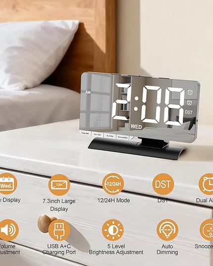 SZELAM Digital Clock,Alarm Clock Bedside,7.3'' Large LED Mirror with Date Display,Dual Alarm with 3 Mode,Brightnee Adjust,DST,Snooze Function,USB C Charging Port,5 Levels Volume for Desk Bedroom Teens
