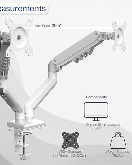 VIVO Aluminum Articulating Dual Monitor Arm for 13 to 30 inch Screens, Desk Mount Tension Spring Monitor Stand for 2 Screens, White, STAND-V102OW