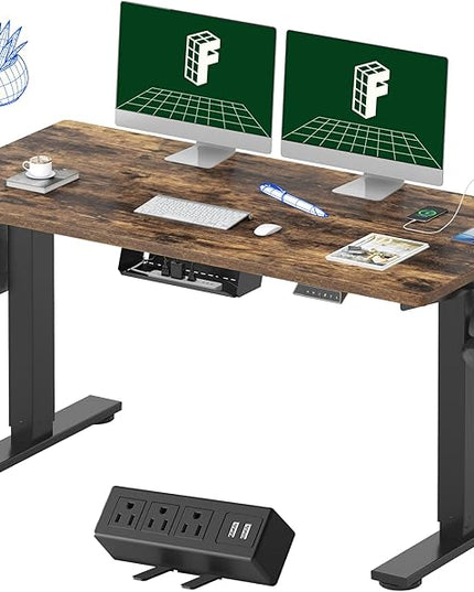 FLEXISPOT EN2 Whole-Piece Standing Desk with Clamp Power Strip, 55 x 28 Electric Stand Up Height Adjustable Desk with Cable Management (Black Frame + 55" Rustic Brown Desktop, 2 Packages)