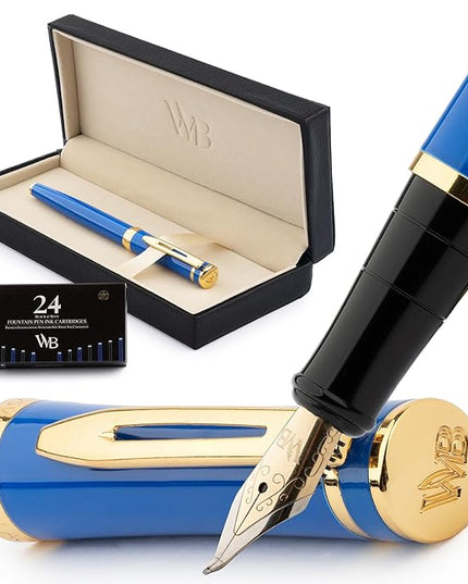 Wordsworth & Black Fountain Pen Set, Bent Nib, Includes 24 Pack Ink Cartridges, Ink Refill Converter & Gift Box, Calligraphy, [Imperial Blue], Perfect for Men & Women