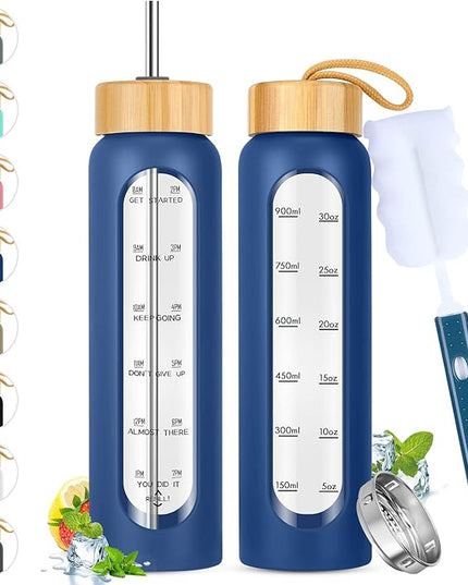 32 oz Glass Water Bottle with Straw - Motivational Time Marker & Silicone Sleeve - Reusable Tumbler Includes 2 Bamboo Lids & Fruit Infuser - 1 Pack
