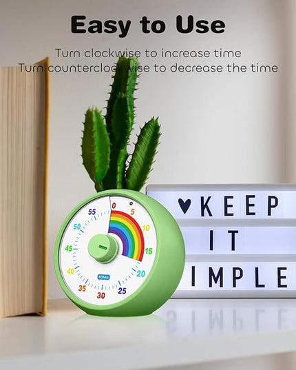 Visual Timer for Kids, 60-Minute Countdown Timer for Classroom Office Kitchen, Desk Timer Kids Time Management Tools with Silent Operation, Pomodoro Time Rainbow Pattern (Green)